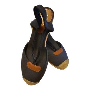 CHAPS Clarissa Chambray Wedge Espadrilles Navy Tan Jute Size 9